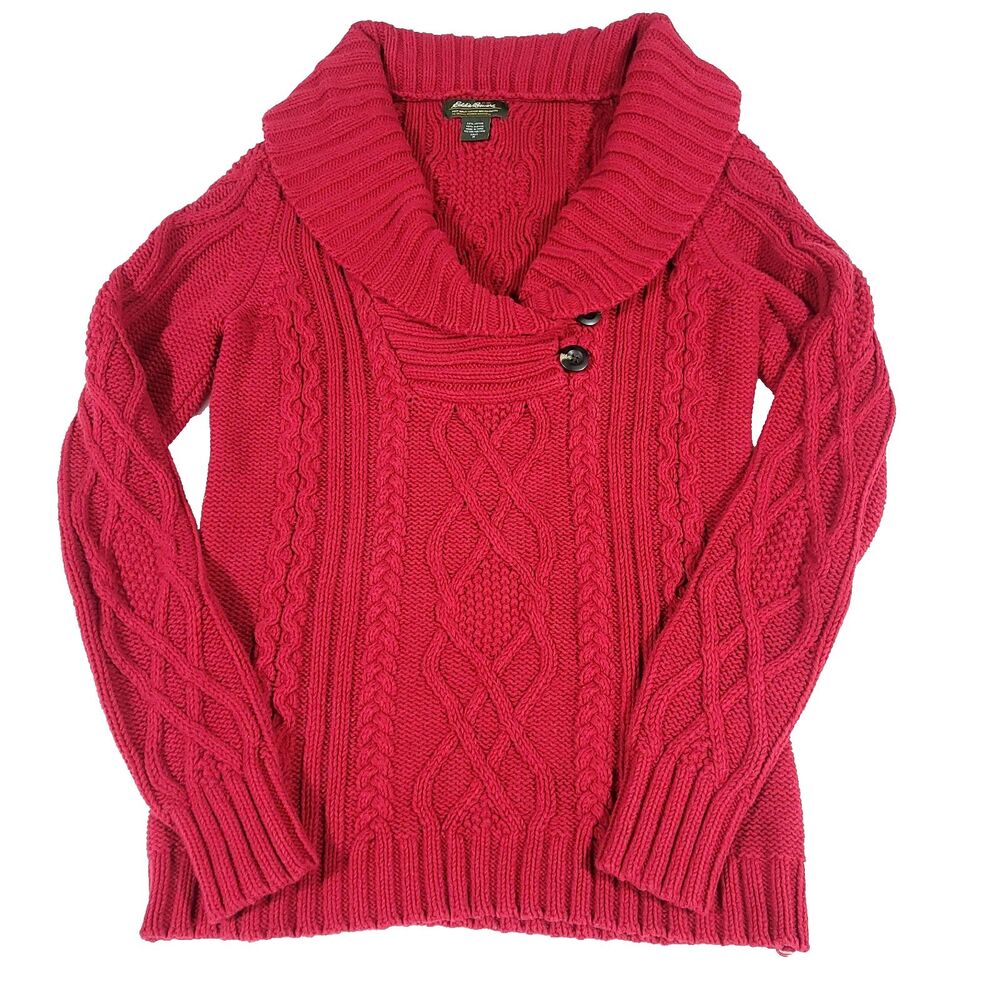 Y2K Cable knit Cowl Neck Button Sweater Eddie Bauer M Tall Red Chunky Preppy
